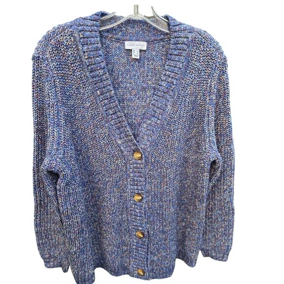 Susan Graver Blue Tweed Cardigan Sweater L – Preppy V-Neck Button-Up - Picture 7 of 7